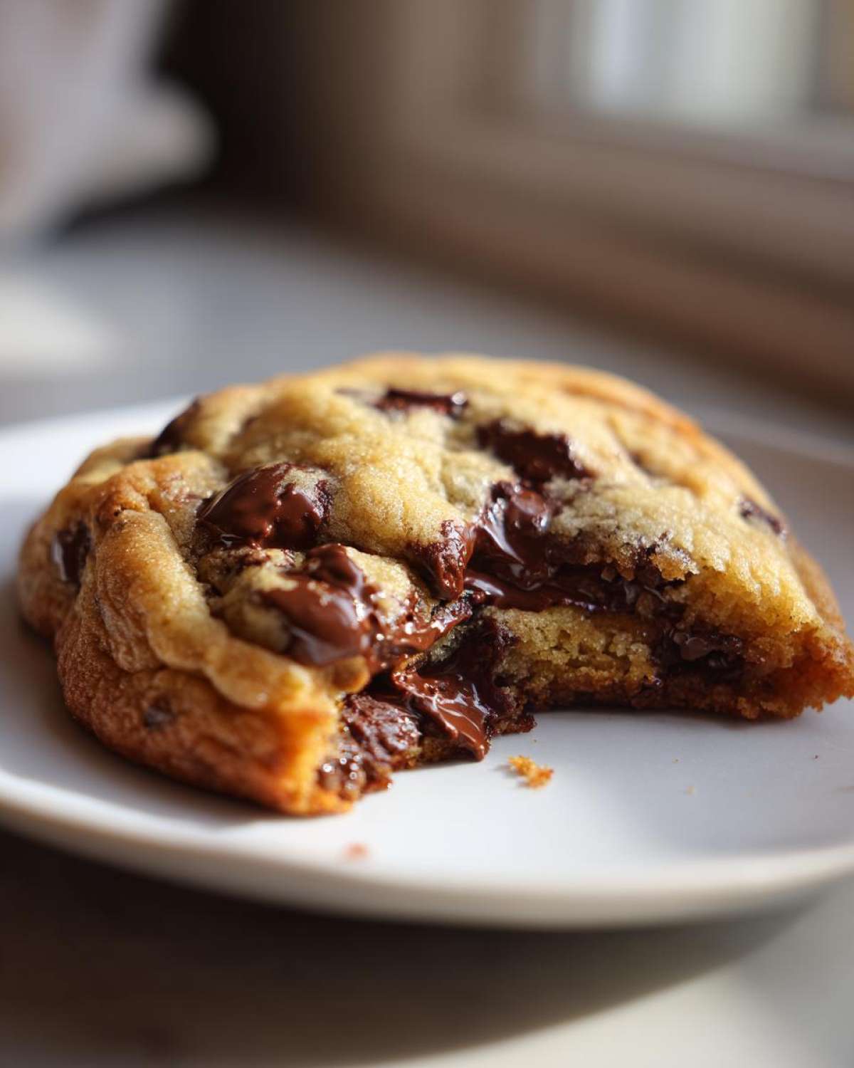 Close-up of a homemade chocolate chip cookie with a bite taken out, showing melted chocolate chips.