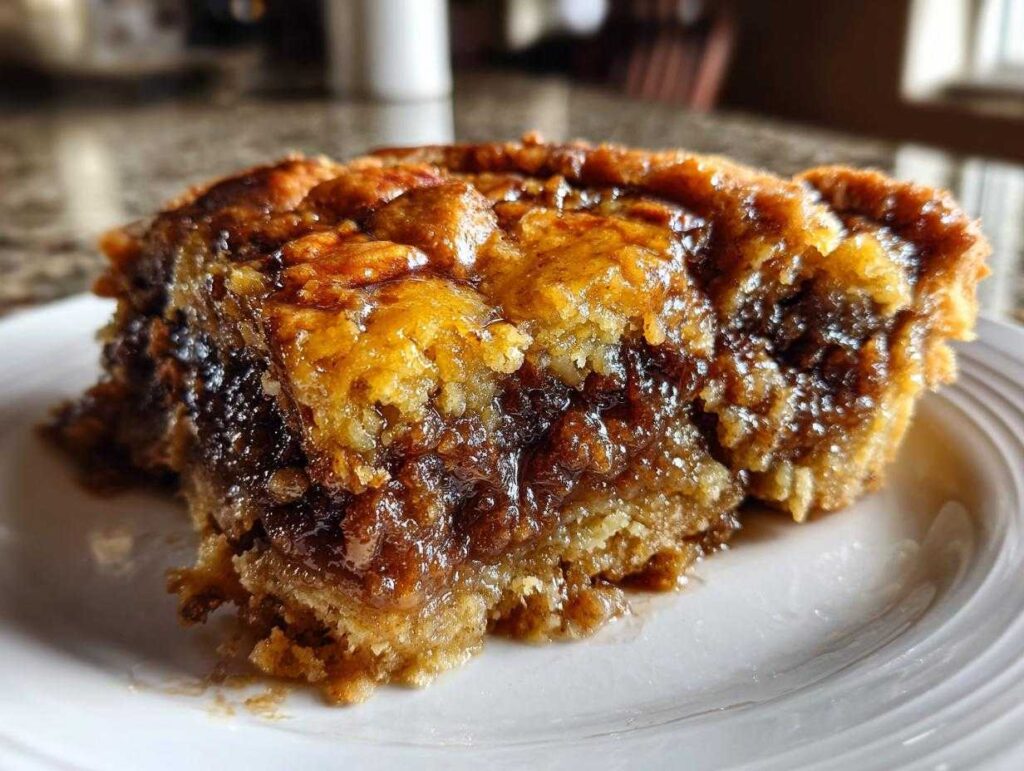 Close-up of a gooey, rich slice of pecan pie cobbler recipe showing the dark, syrupy filling and crust.