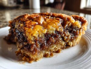Close-up of a gooey, rich slice of pecan pie cobbler recipe showing the dark, syrupy filling and crust.