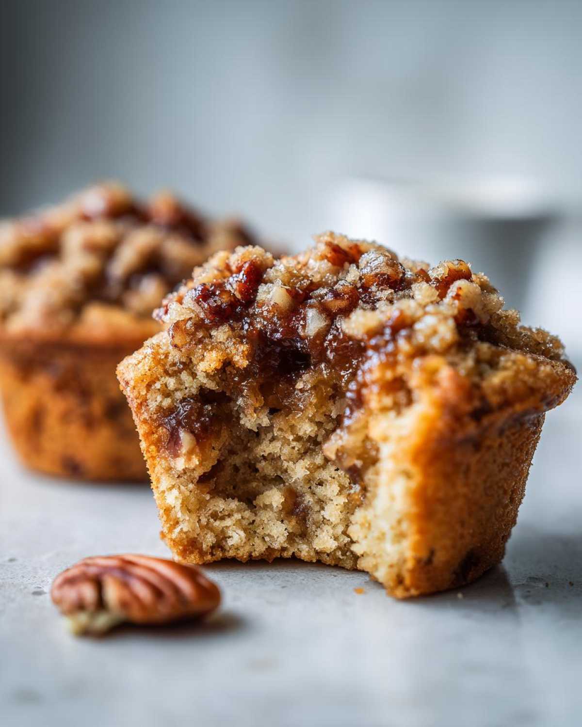Close-up of a pecan pie muffin with a bite taken out, revealing a gooey center and pecan crumble topping.