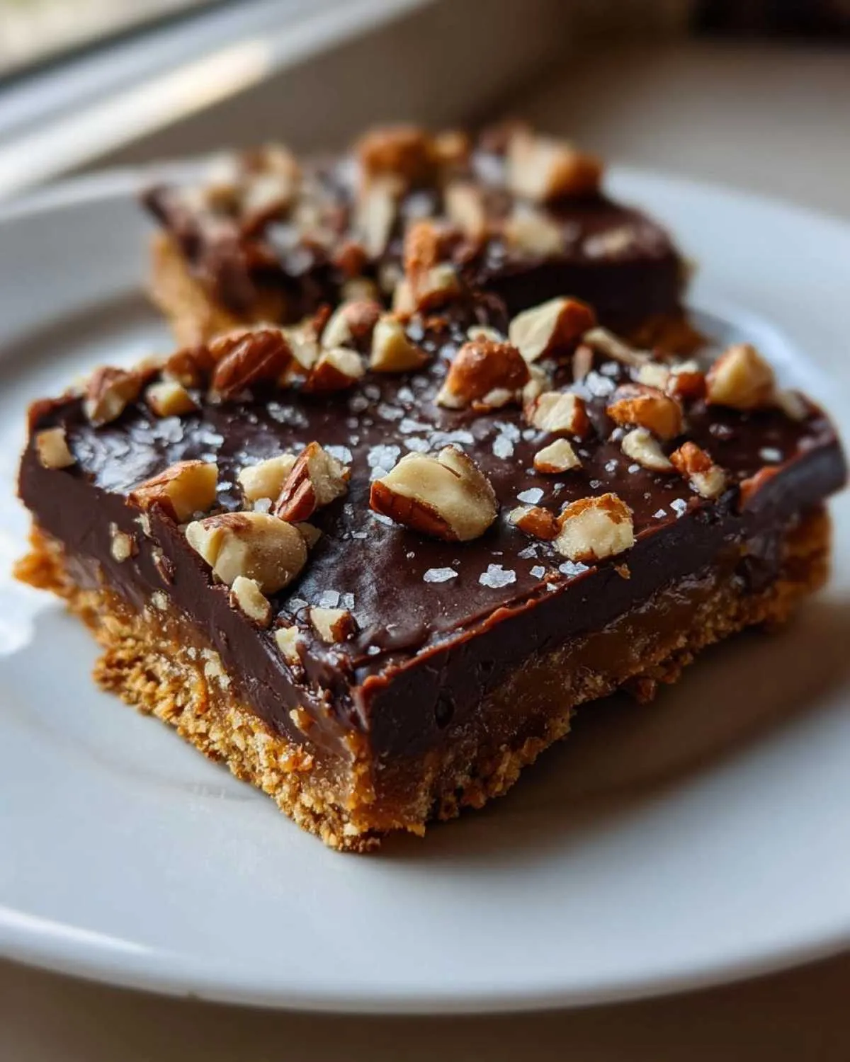 A square slice of graham cracker toffee topped with melted chocolate, chopped nuts, and sea salt flakes.