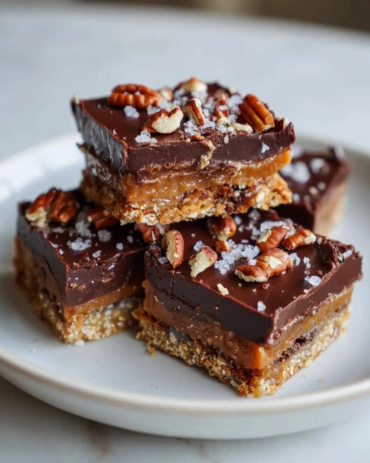 A stack of rich graham cracker toffee bars topped with chocolate, pecans, and sea salt.