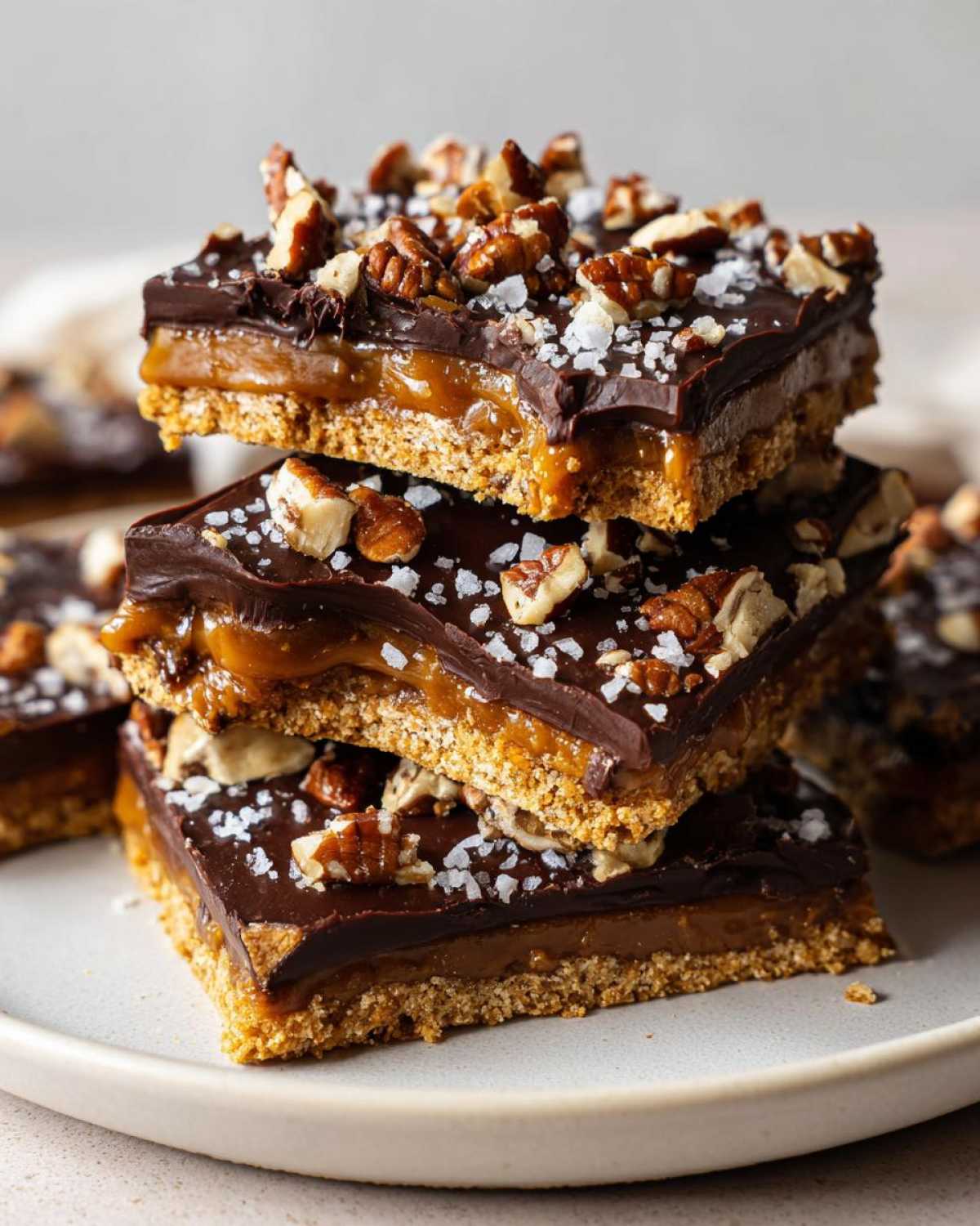 A stack of three rich graham cracker toffee bars topped with chocolate, pecans, and sea salt flakes.