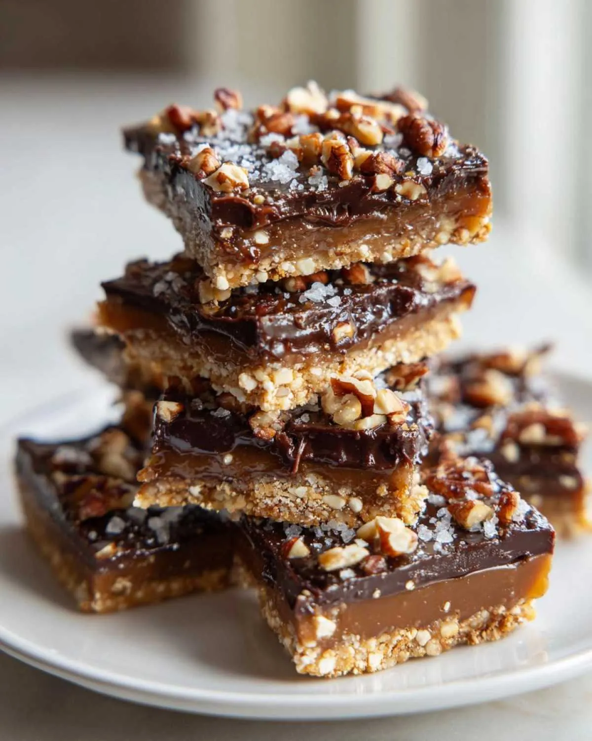 Close-up of stacked graham cracker toffee bars topped with dark chocolate, chopped pecans, and sea salt flakes.