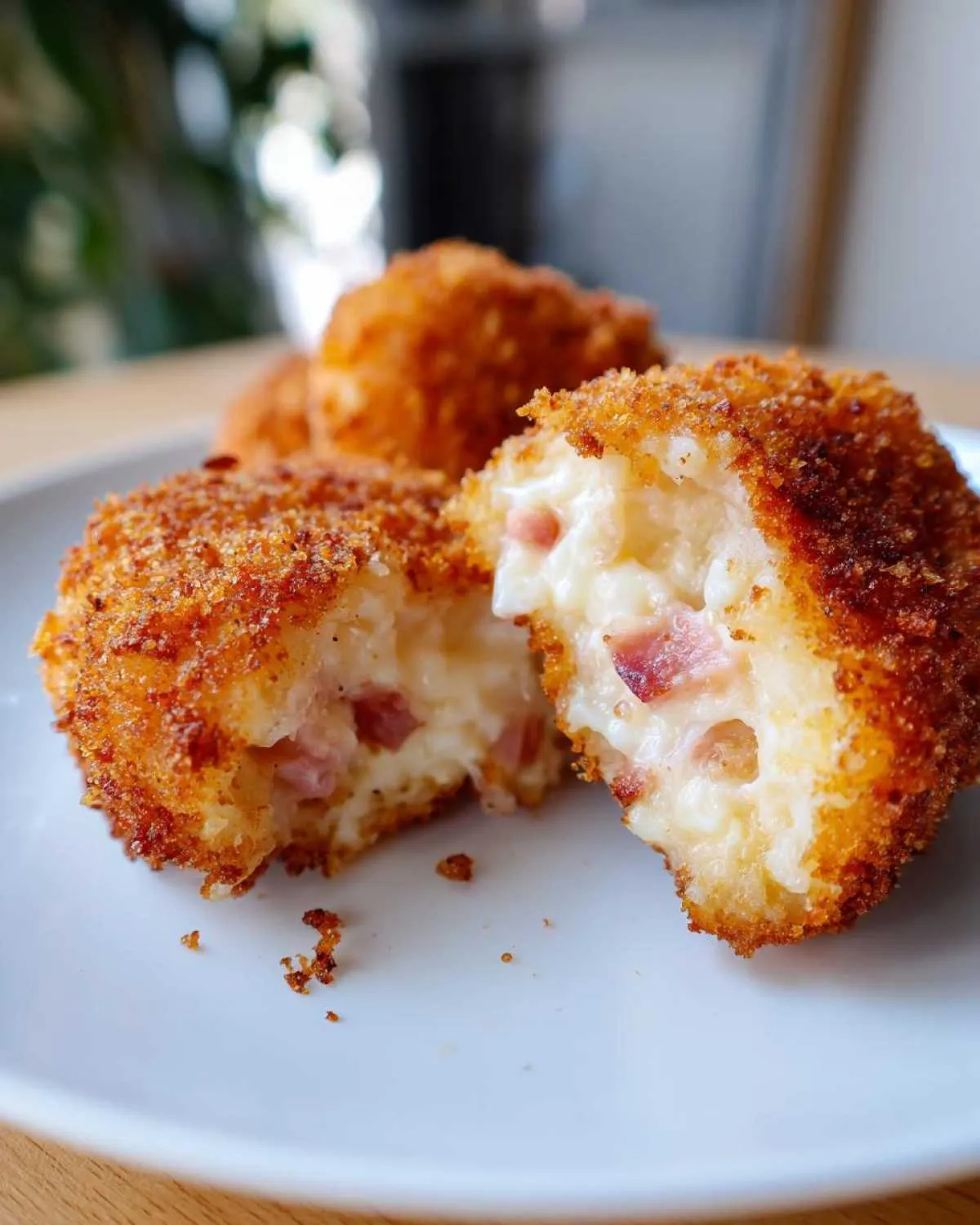A golden brown potato croquettes split open showing a creamy interior with chunks of ham.