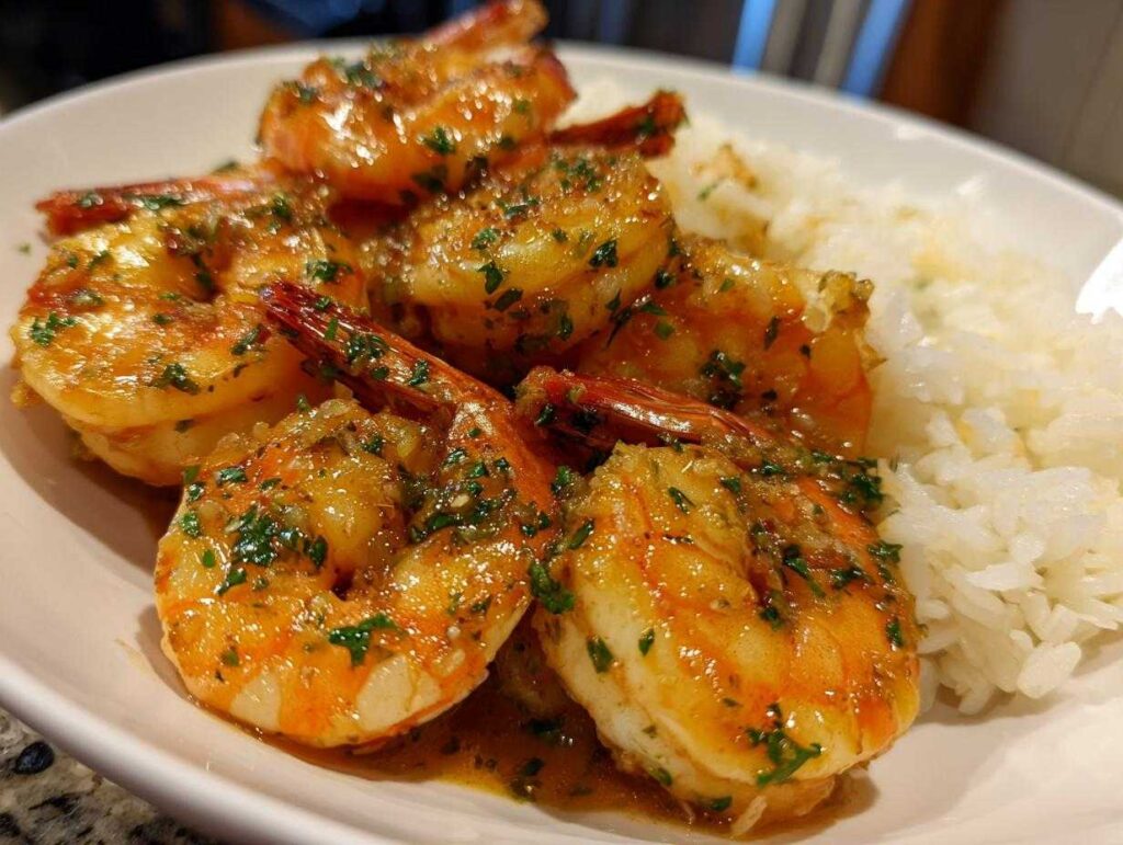 Close-up of juicy hawaiian garlic shrimp coated in a savory sauce and fresh parsley, served next to white rice.