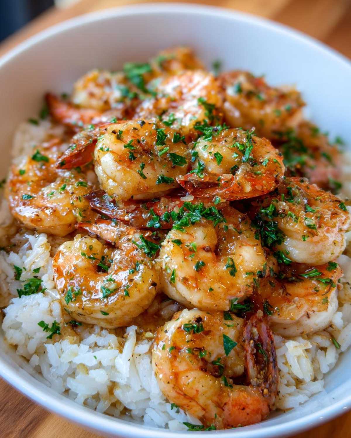 Close-up of juicy hawaiian garlic shrimp coated in sauce and sprinkled with parsley, served over a bed of white rice in a bowl.