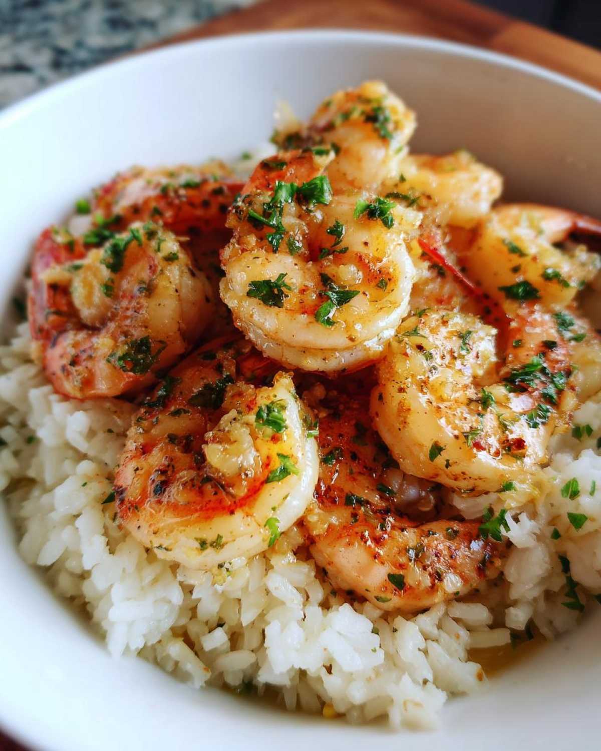 Close-up of succulent Hawaiian garlic shrimp served over a bed of white rice, garnished with parsley.
