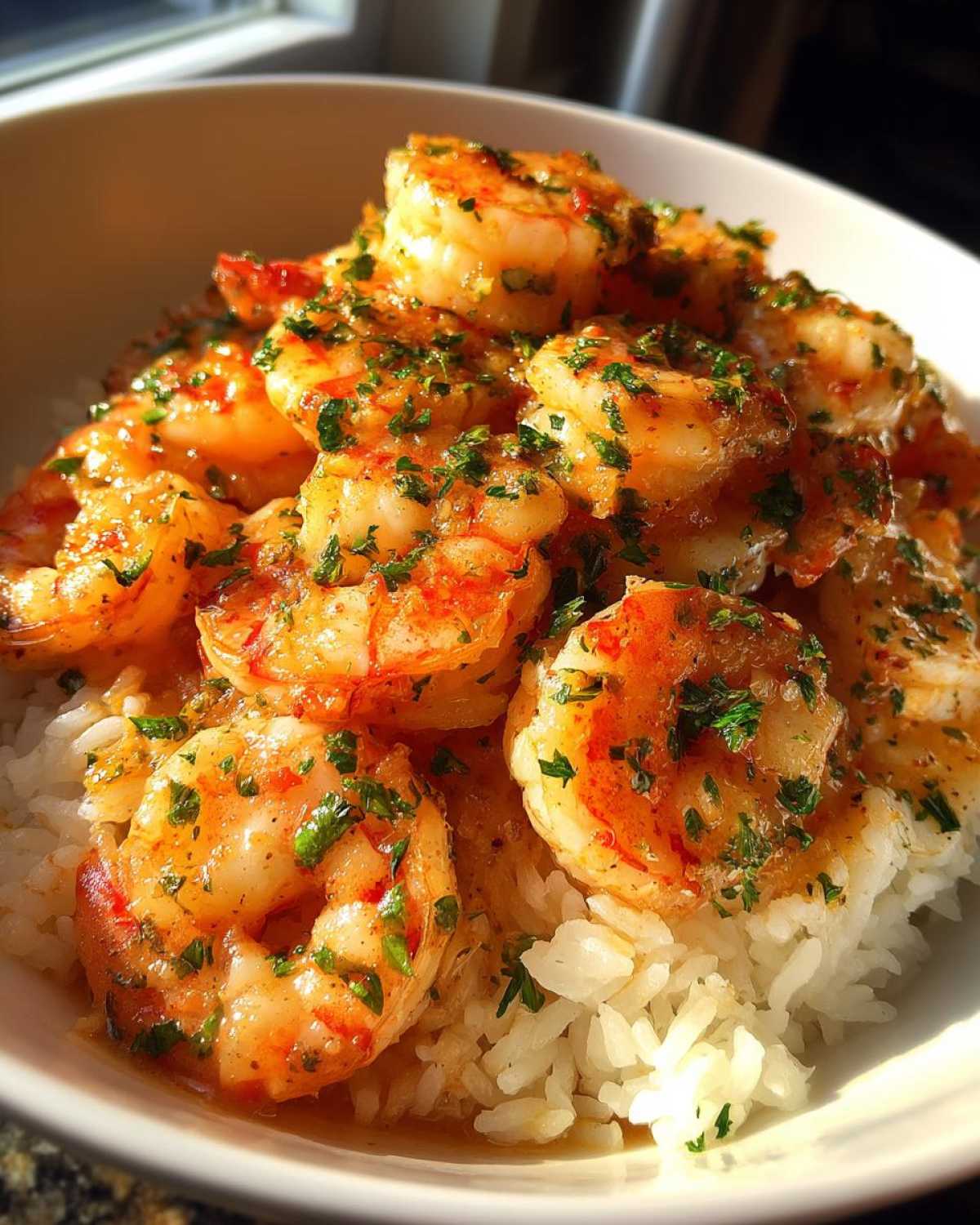 Close-up of juicy hawaiian garlic shrimp coated in sauce and parsley, served over a bed of white rice in a bowl.