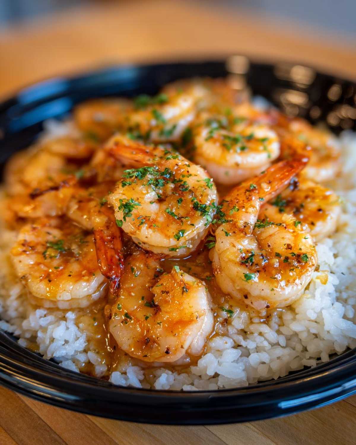Close-up of succulent hawaiian garlic shrimp coated in a savory glaze and sprinkled with parsley, served over white rice.