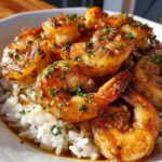Close-up of juicy hawaiian garlic shrimp coated in a savory sauce, served over a bed of fluffy white rice.