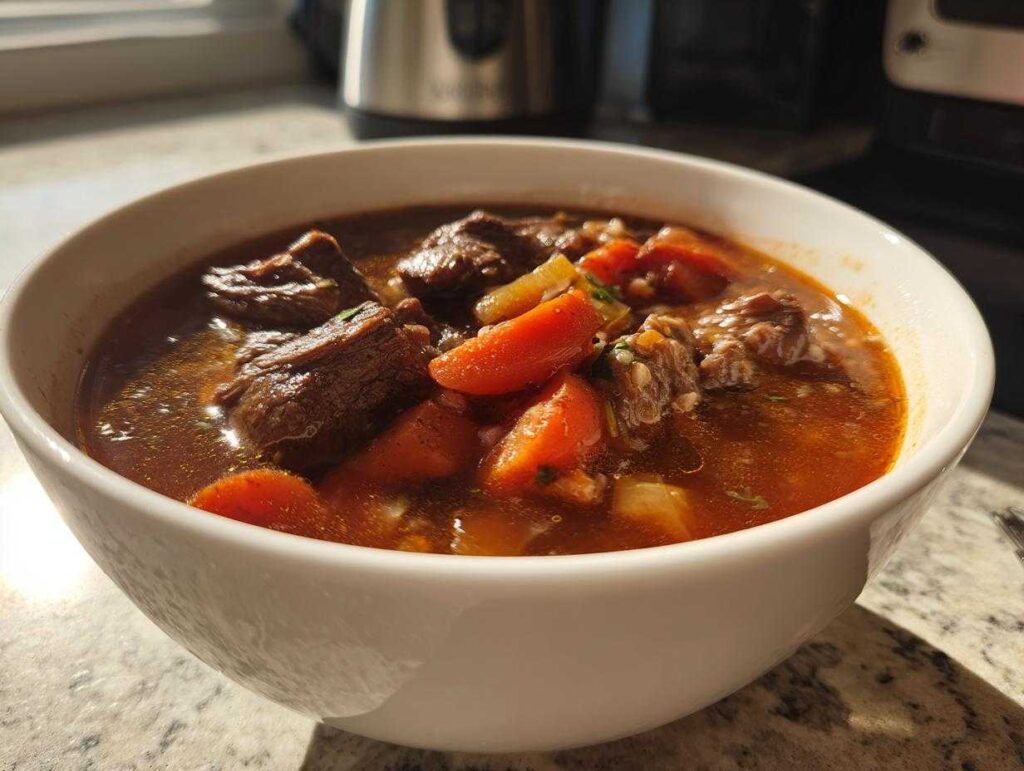 A close-up of a white bowl filled with rich, dark beef barley soup, featuring chunks of beef and bright orange carrots.
