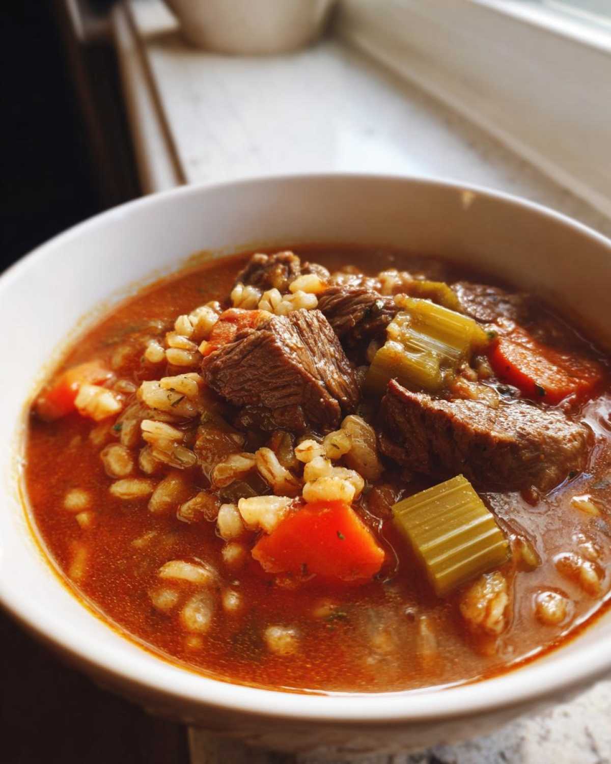 Close-up of a steaming bowl of rich beef barley soup featuring chunks of beef, carrots, and celery.