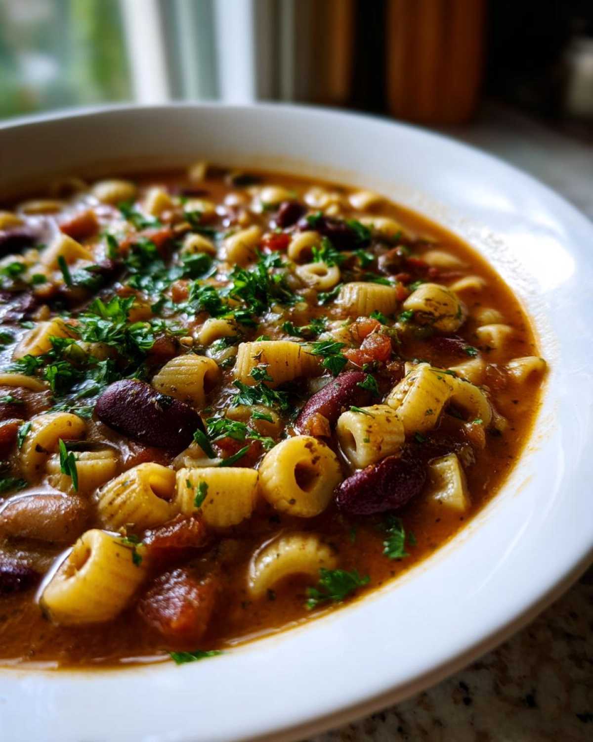 Close-up of a white bowl filled with rich pasta fagioli soup, featuring ditalini pasta, kidney beans, and fresh parsley.