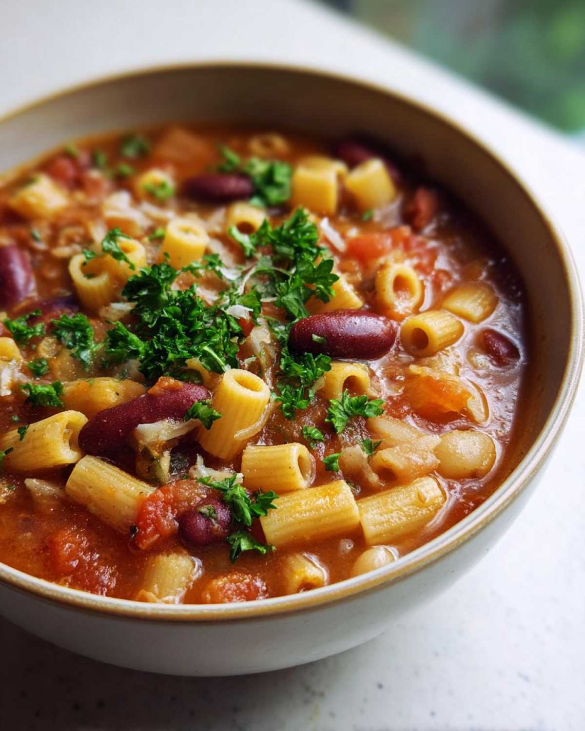 Close-up of a hearty bowl of pasta fagioli soup, featuring ditalini pasta, kidney beans, and fresh parsley garnish.