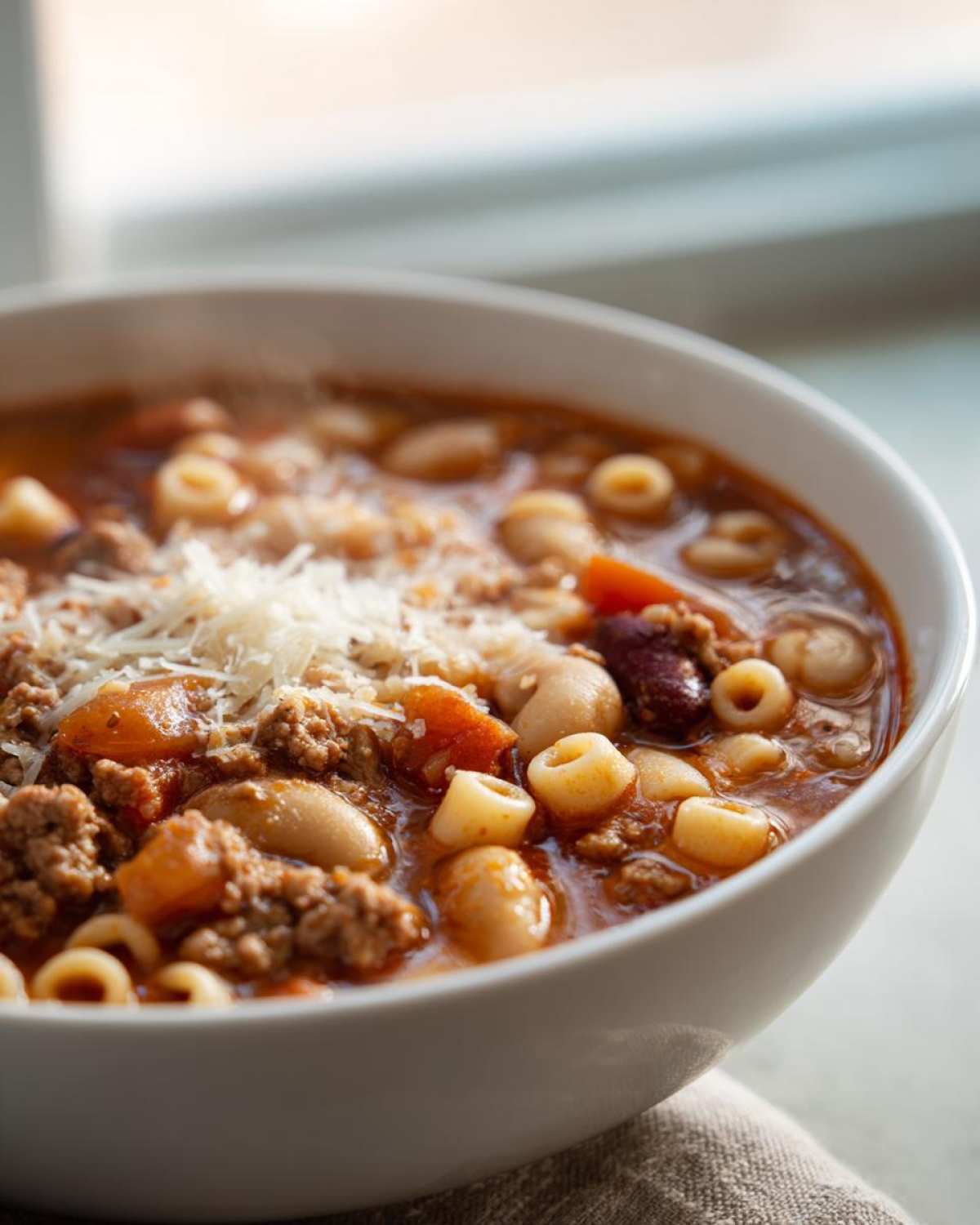 Close-up of a steaming bowl of rich pasta e fagioli topped with grated Parmesan cheese.