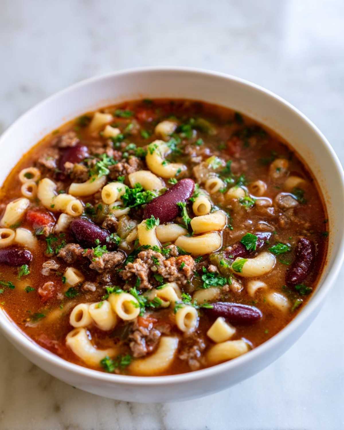 Close-up of a white bowl filled with rich, tomato-based pasta fagioli soup featuring elbow macaroni, kidney beans, and ground meat.