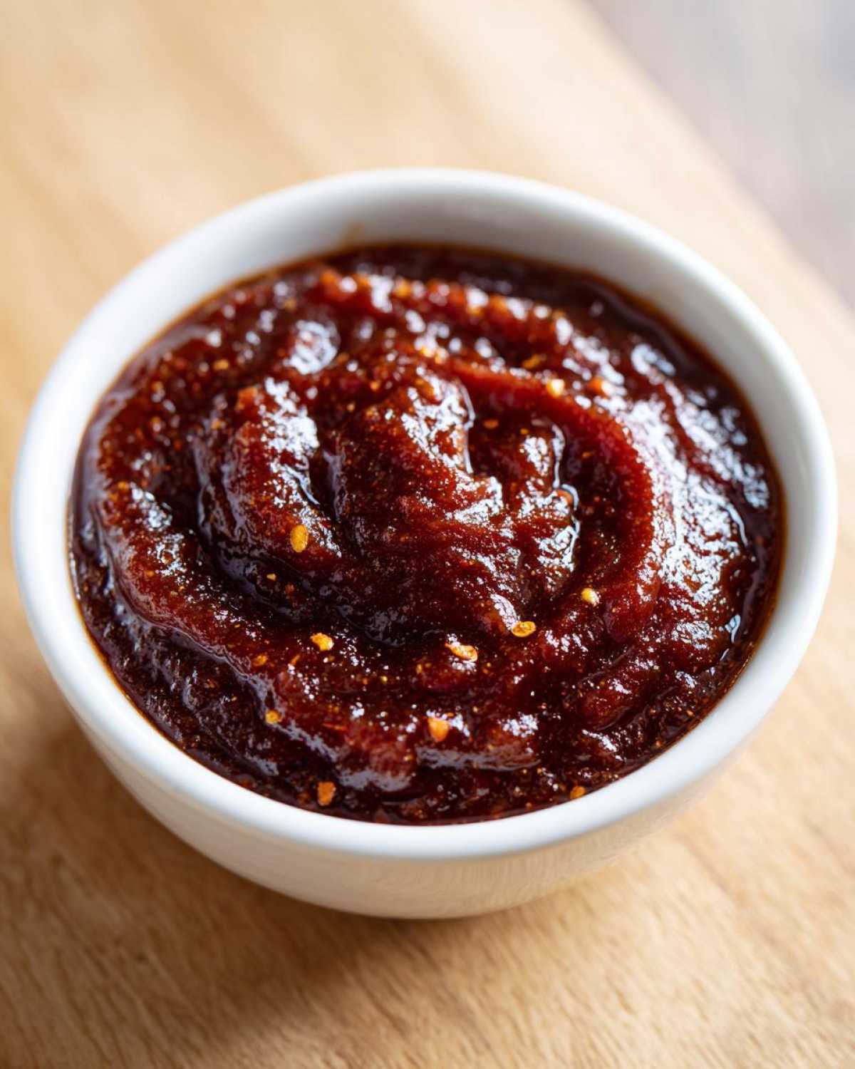 Close-up of thick, dark homemade bbq sauce with visible spice flakes in a small white bowl.