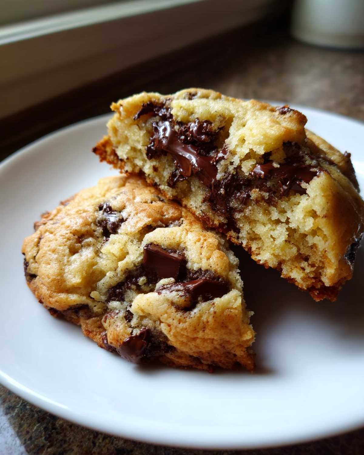 A homemade chocolate chip cookie broken in half showing a gooey, melted chocolate center.