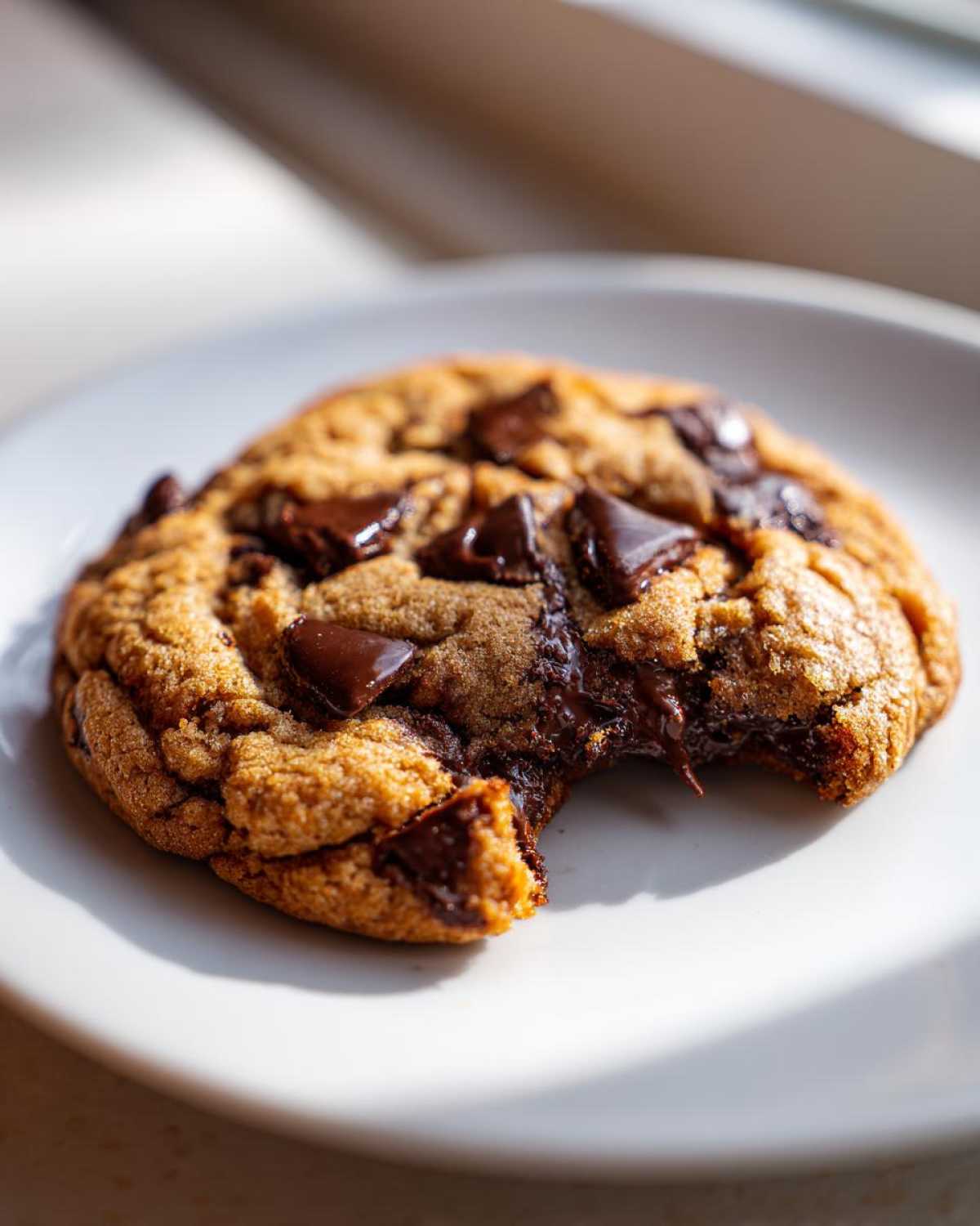 A single, perfectly baked homemade chocolate chip cookie with melted chocolate chunks, sitting on a white plate.