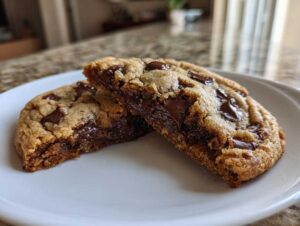 Close-up of homemade chocolate chip cookies broken in half showing melted chocolate chips inside.