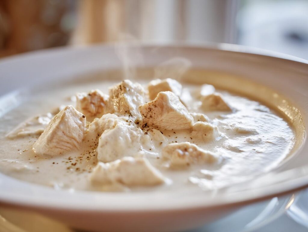 Close-up of large chunks of chicken in a creamy white sauce, representing homemade cream of chicken soup, with visible steam rising.
