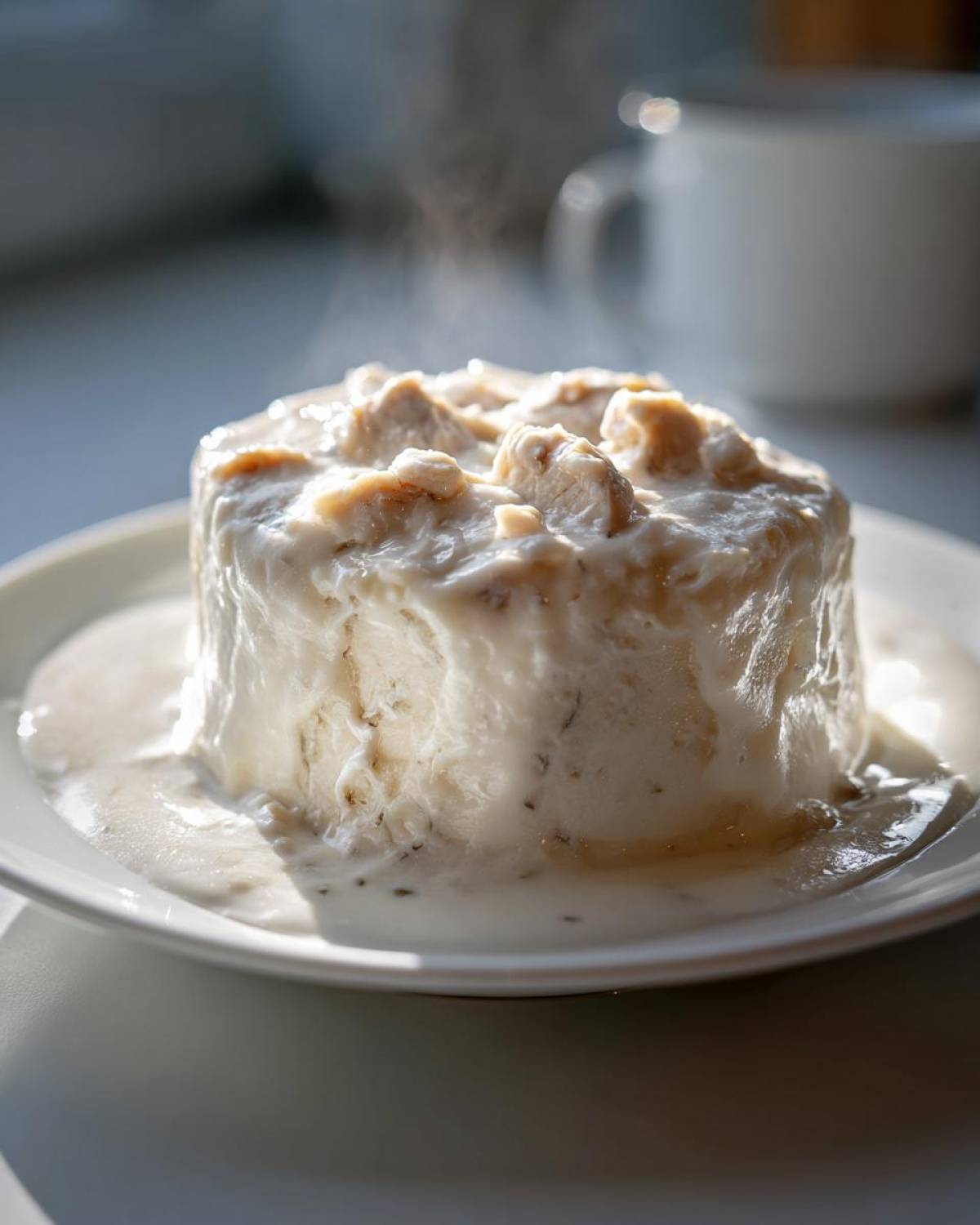 A molded serving of thick, creamy homemade cream of chicken soup topped with diced chicken, steaming slightly.