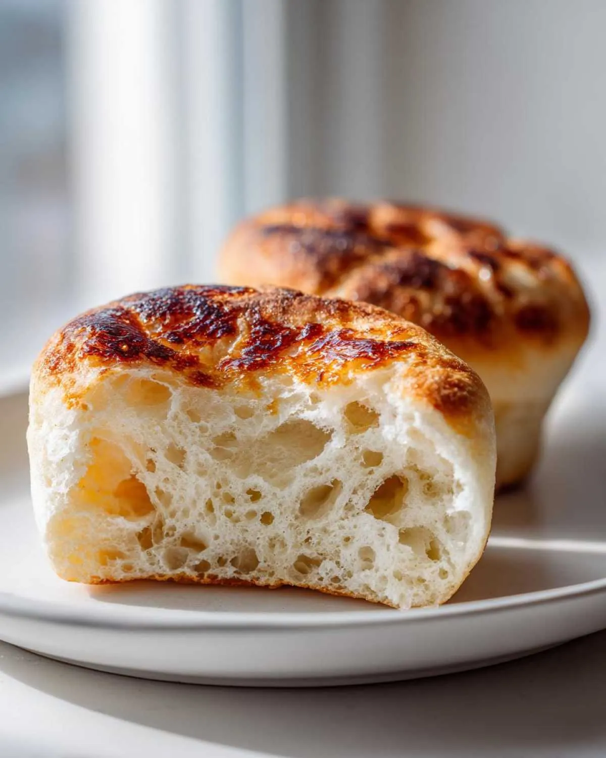 Close-up of a homemade english muffin cut in half, revealing its airy, hole-filled interior texture.