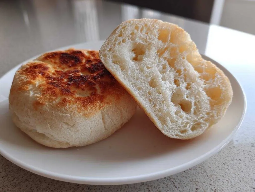 One whole and one halved homemade English muffin showing its signature nooks and crannies texture.