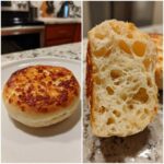 Split view showing a golden homemade English muffin and its open, airy crumb structure.