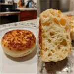 Split view showing a golden homemade English muffin and its open, airy crumb structure.