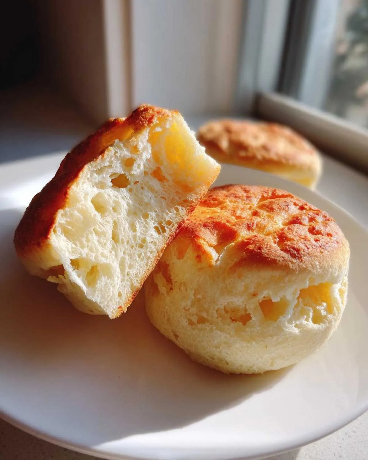 Close-up of a homemade English muffin split open showing the airy, craggy interior texture.