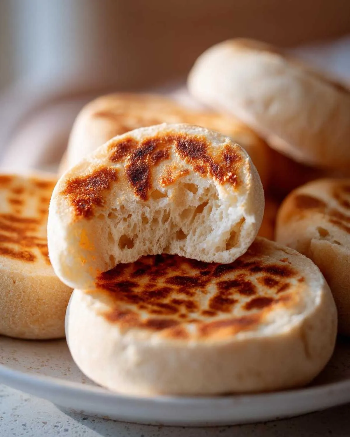 A close-up of homemade English muffins, one split open revealing the signature nooks and crannies texture.