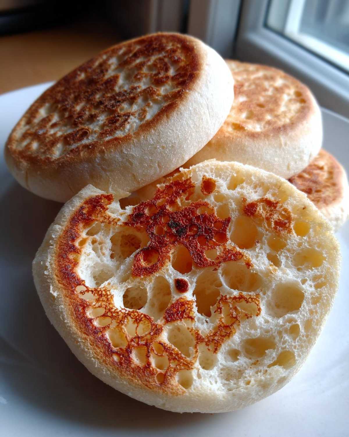 A split homemade English muffin showing its signature open, holey interior texture next to three whole muffins.