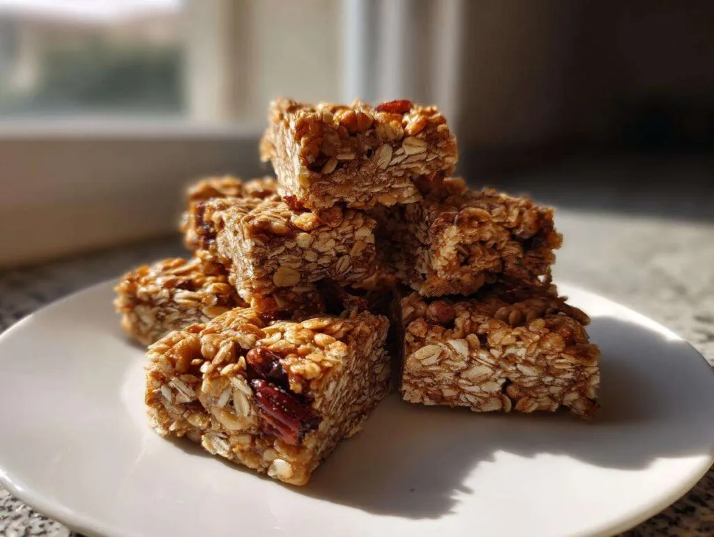 A stack of chewy, golden homemade granola bars made with oats and dried fruit, sitting on a white plate.