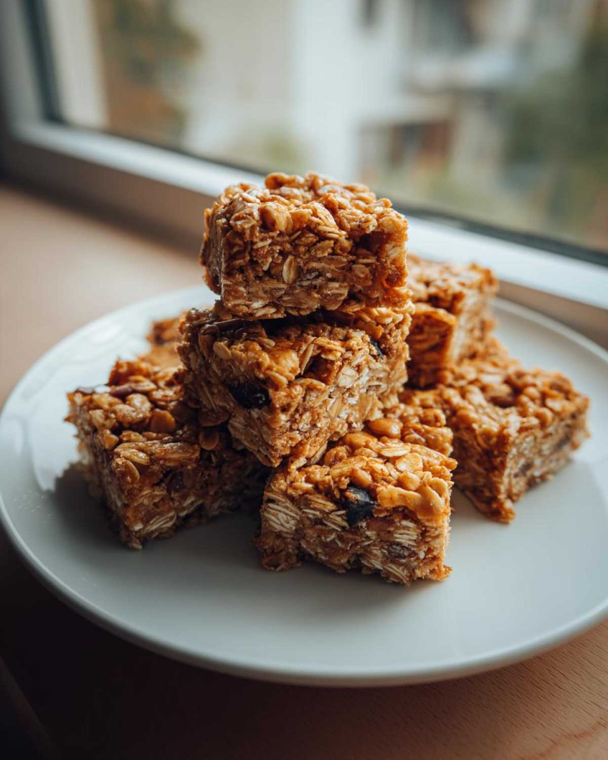 A stack of chewy homemade granola bars made with oats and dried fruit, resting on a white plate near a window.