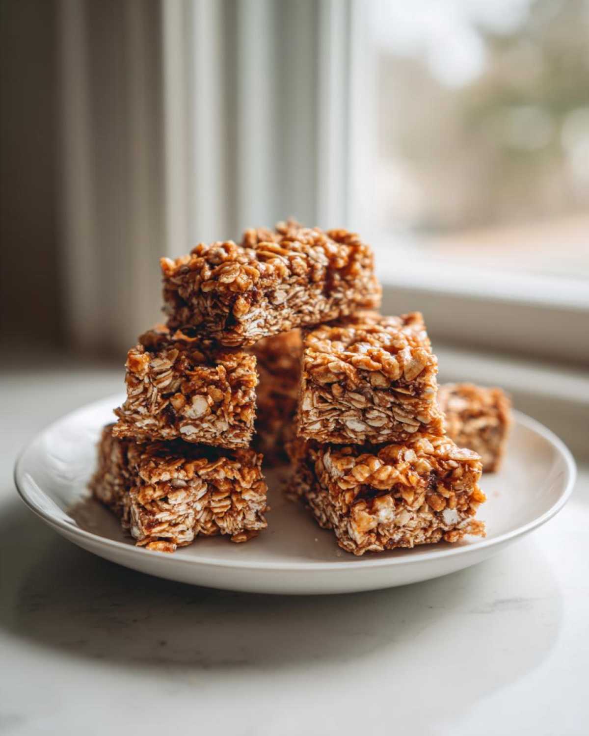A stack of chewy homemade granola bars made with oats, sitting on a small white plate near a window.