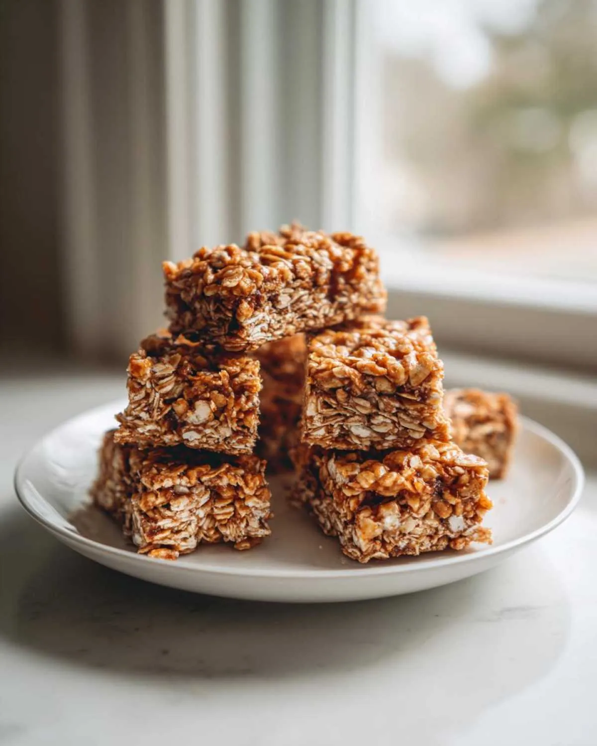 A stack of chewy homemade granola bars made with oats, sitting on a small white plate near a window.