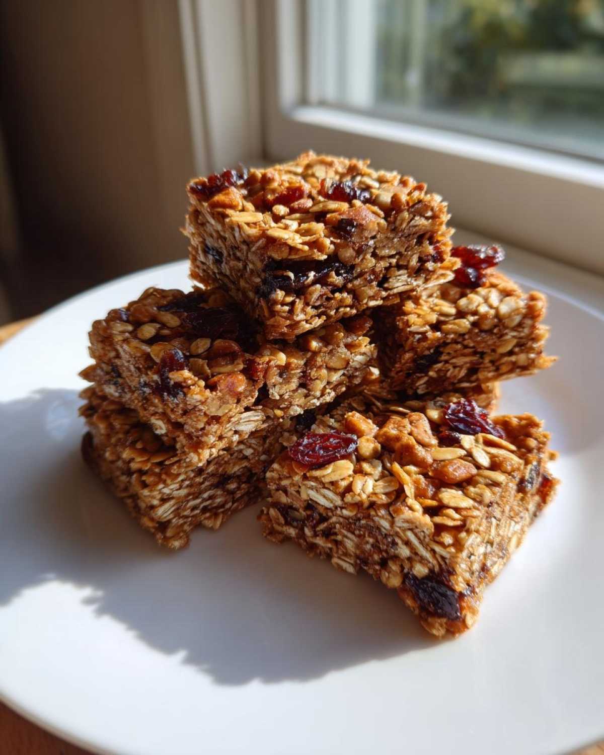 A stack of five chewy homemade granola bars packed with oats, seeds, and dried cranberries, sitting on a white plate.