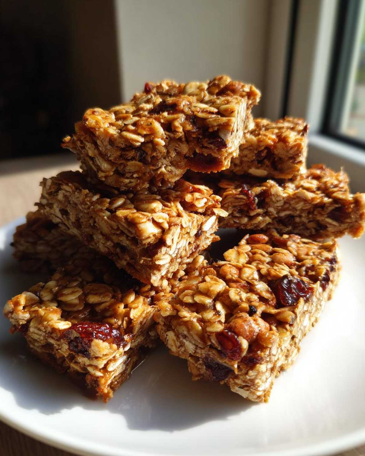 A stack of freshly cut homemade granola bars featuring visible oats, nuts, and dried cranberries on a white plate.
