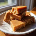 A stack of rich, light brown squares of homemade penuche fudge piled on a white plate.