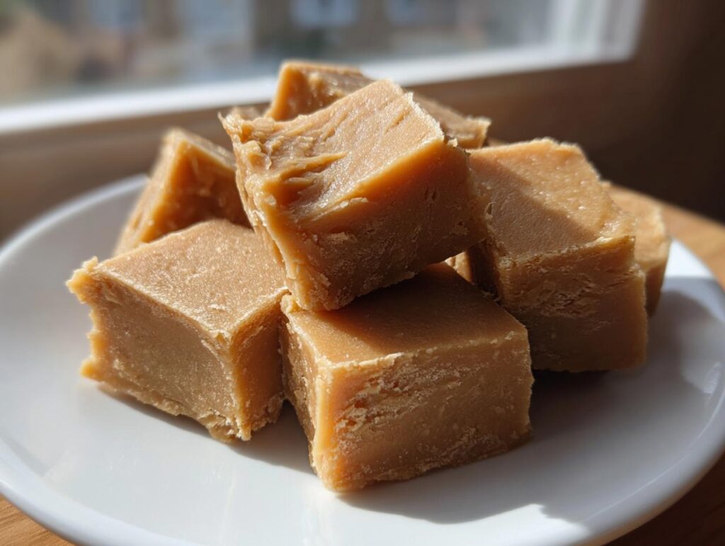 A stack of rich, brown squares of homemade penuche fudge resting on a white plate.