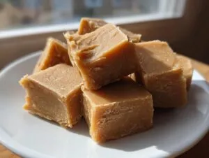A stack of rich, brown squares of homemade penuche fudge resting on a white plate.