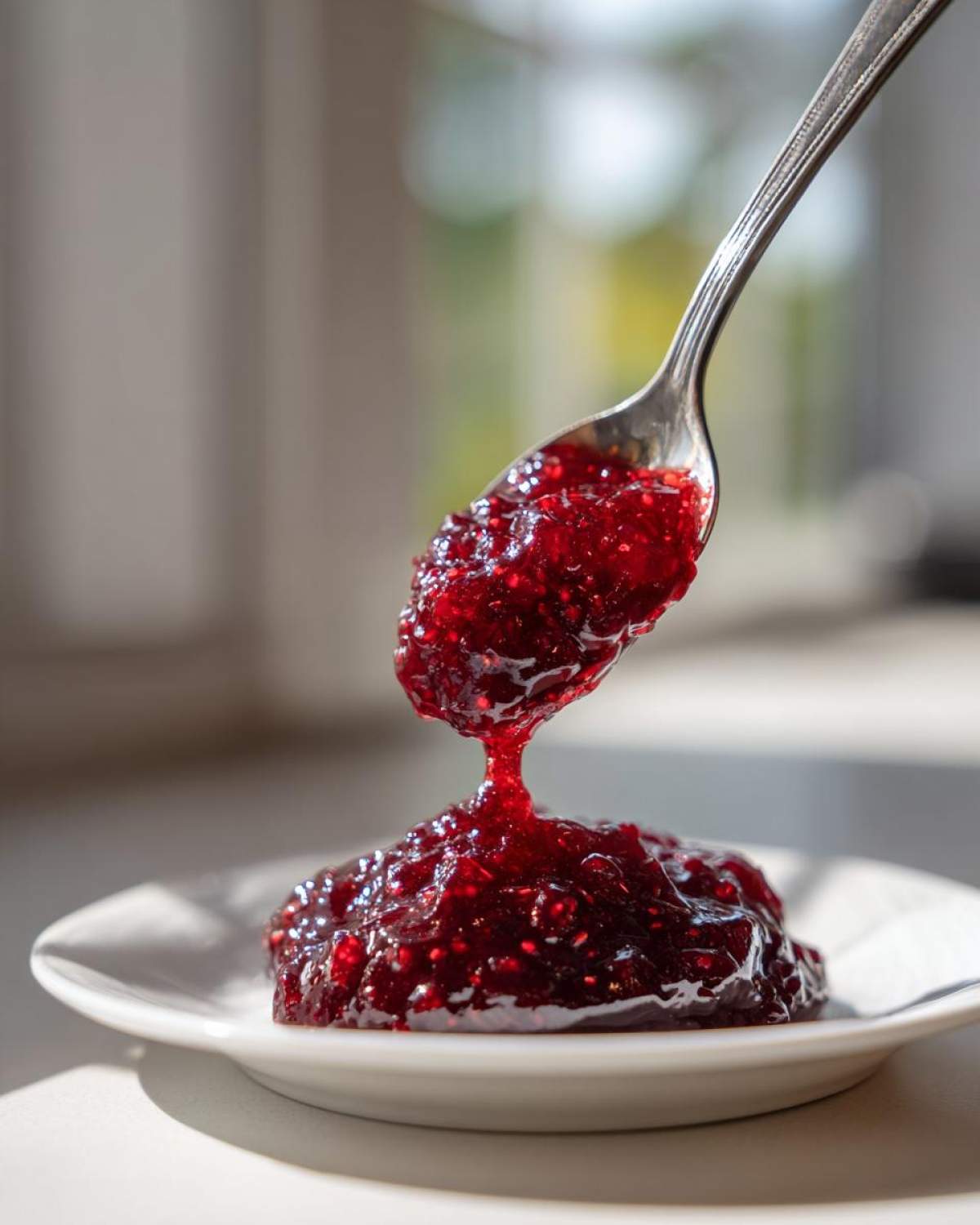 A spoonful of thick, glistening homemade raspberry jam dripping onto a small white plate.