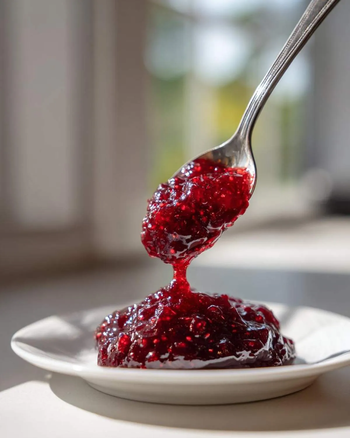 A spoonful of thick, glistening homemade raspberry jam dripping onto a small white plate.