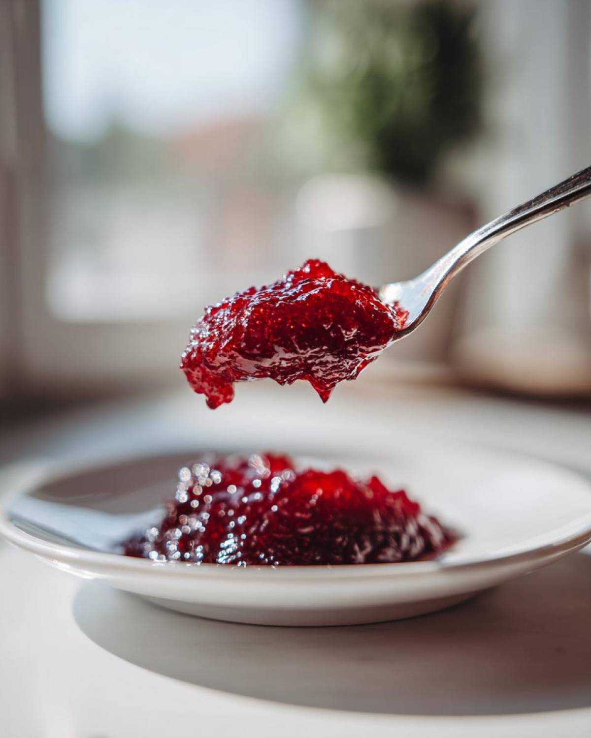A spoonful of thick, glistening homemade raspberry jam being held over a small white plate with more raspberry jam.