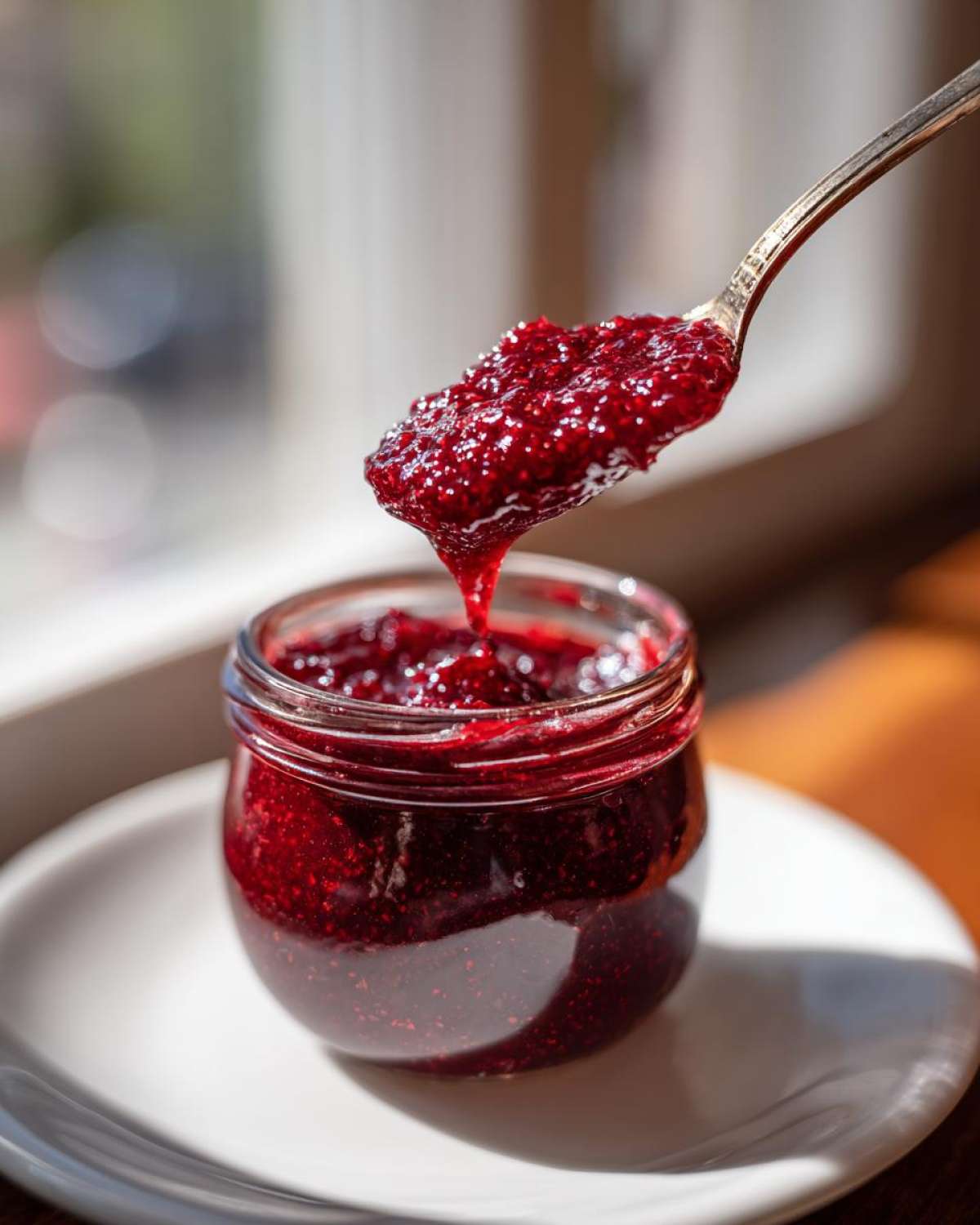 A spoonful of thick, vibrant homemade raspberry jam dripping back into a small glass jar.