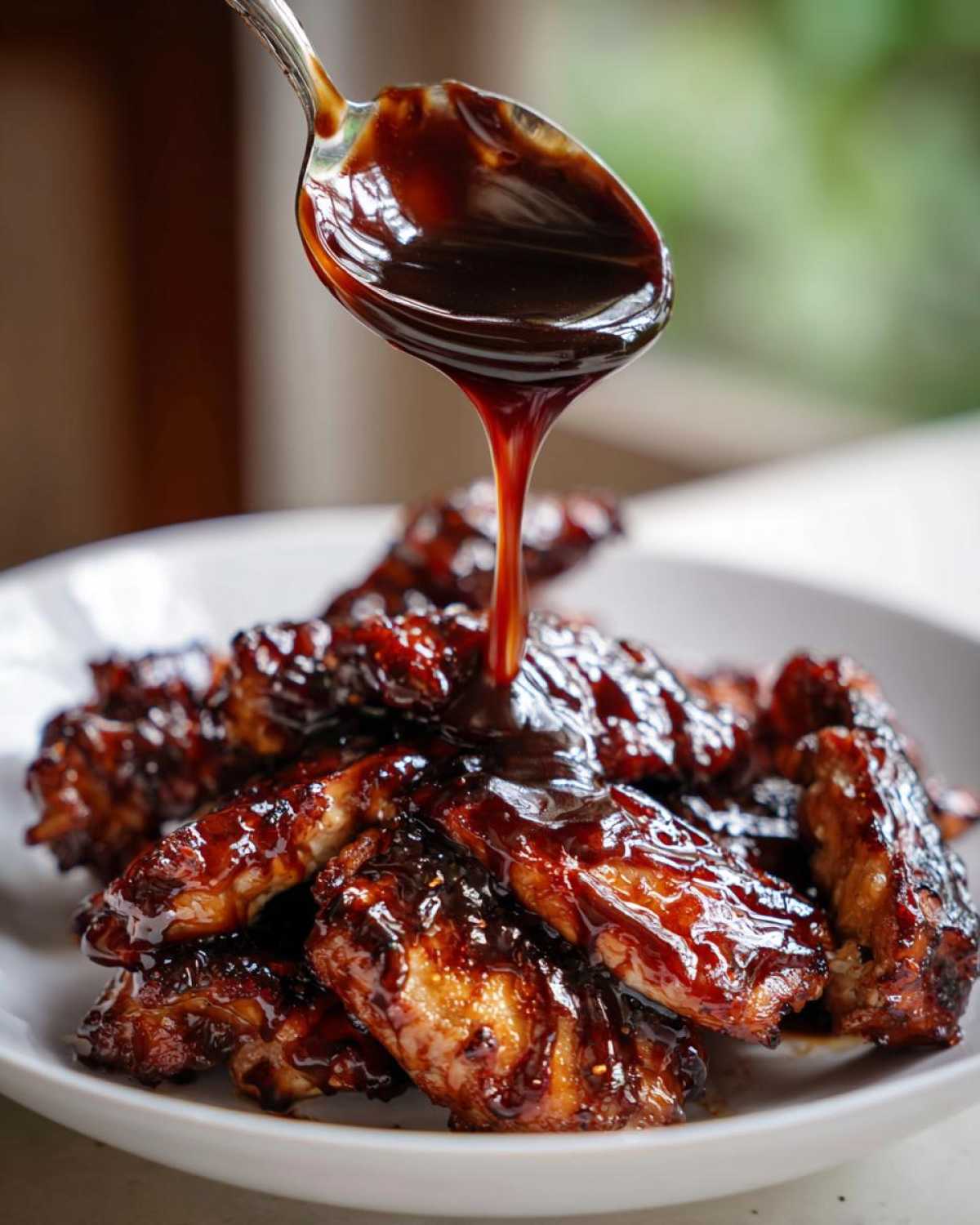 A spoonful of thick, glossy homemade teriyaki sauce is being poured over a pile of glazed chicken wings.