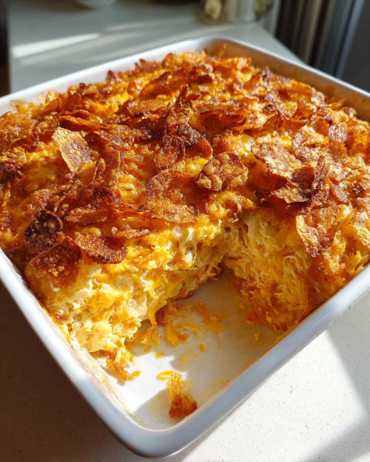 A square white baking dish filled with baked hot chicken salad, showing a scoop removed, revealing creamy interior and crispy topping.