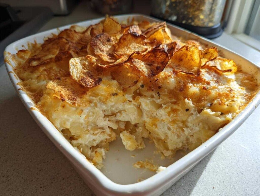 A creamy baked casserole, likely hot chicken salad, topped with golden, crispy potato chips in a white baking dish.